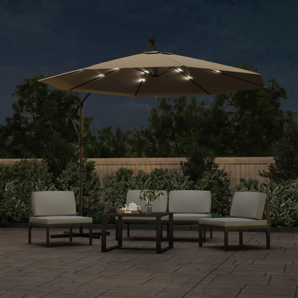 Cantilever Garden Parasol with LED Lights and Steel Pole 300 cm Taupe