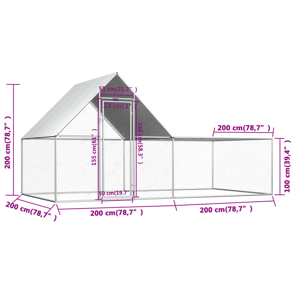 Chicken Coop 4x2x2 m Galvanised Steel