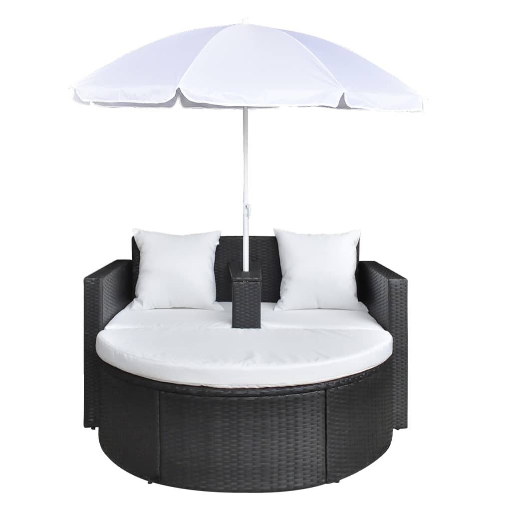 Garden Bed with Parasol Black Poly Rattan