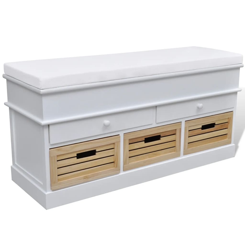 White Storage & Entryway Bench with Cushion Top 2 Draw 3 Crate