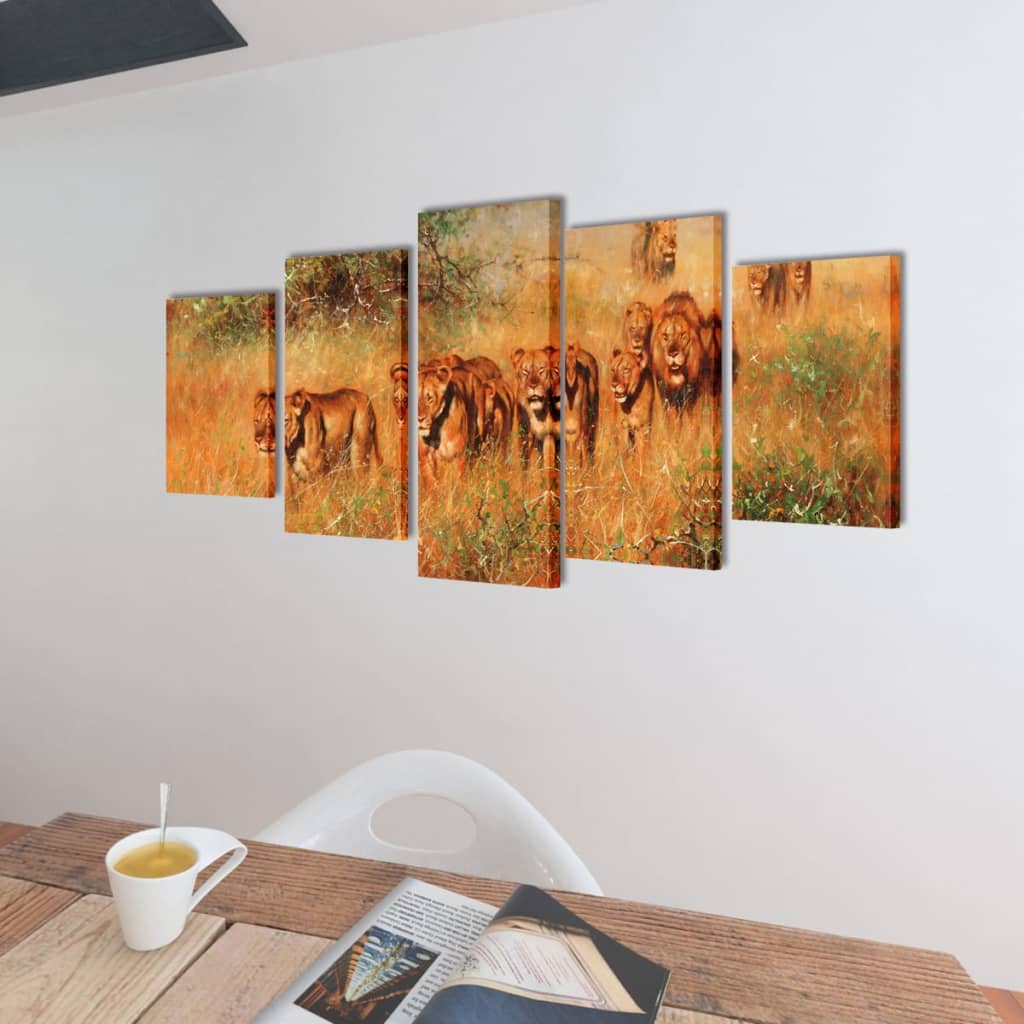 Canvas Wall Print Set Lions 100 x 50 cm