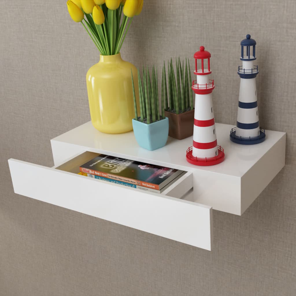 White MDF Floating Wall Display Shelf 1 Drawer Book/DVD Storage