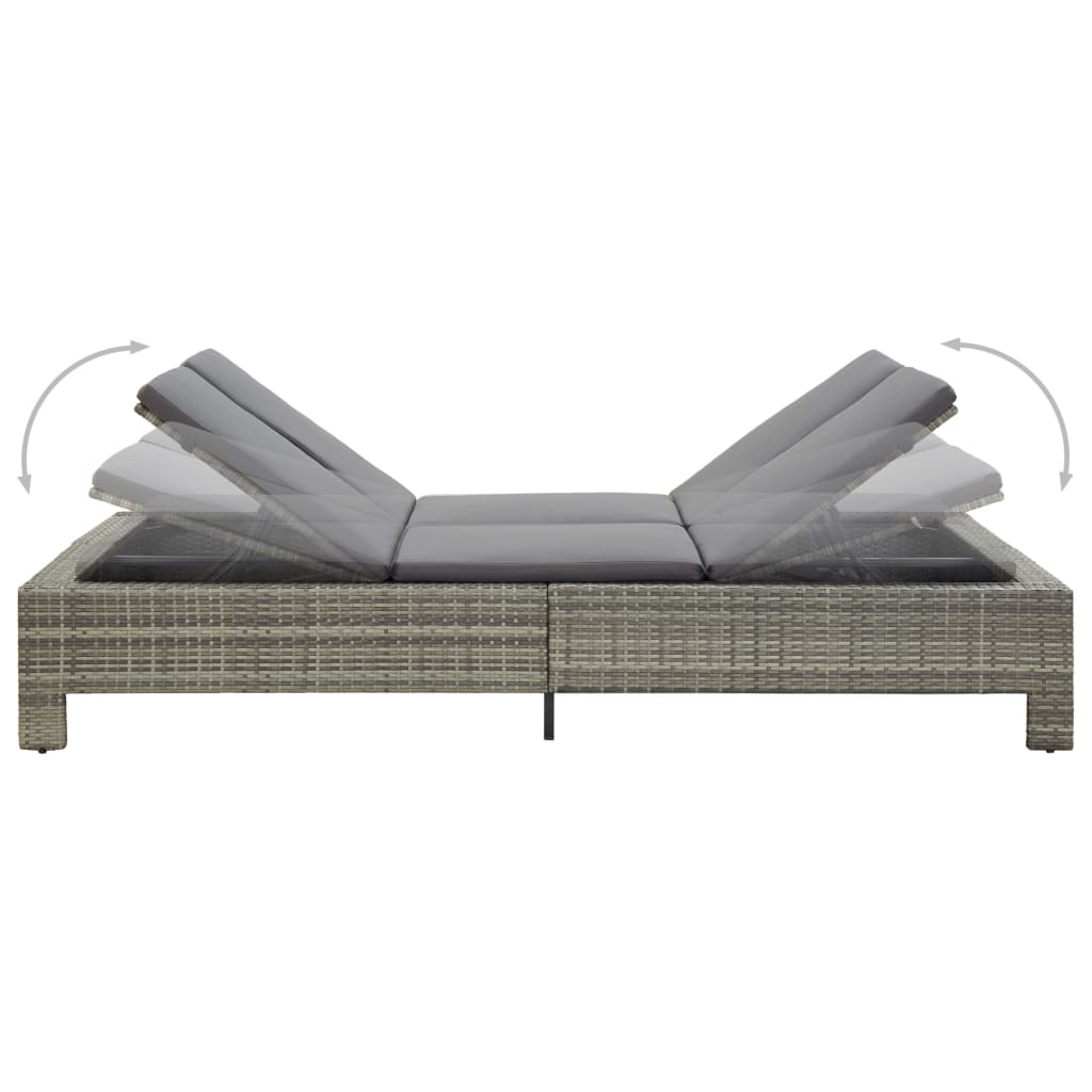 2-Person Sunbed with Cushion Grey Poly Rattan