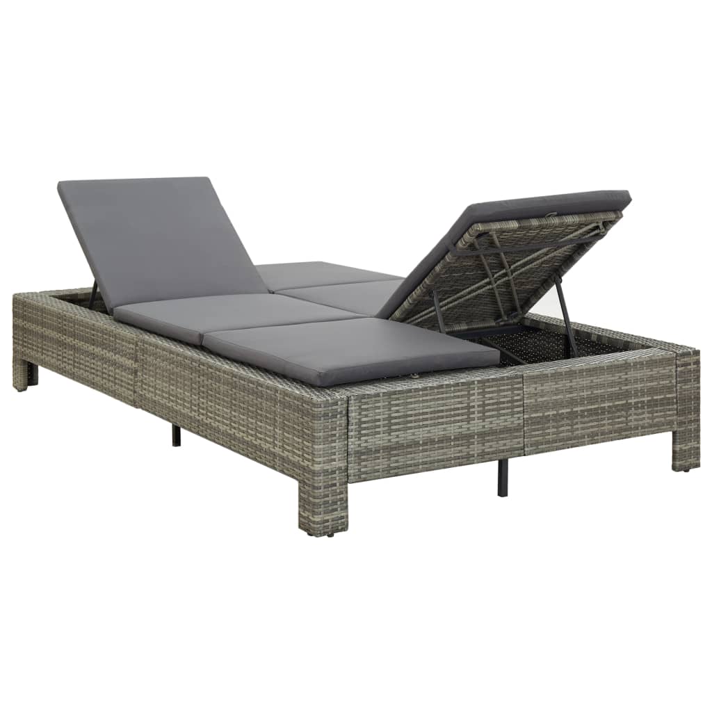 2-Person Sunbed with Cushion Grey Poly Rattan