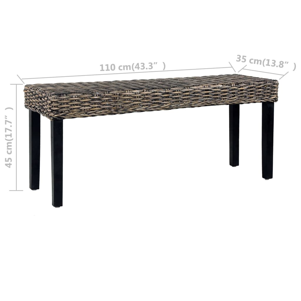 Bench 110 cm Black Natural Kubu Rattan and Solid Mango Wood