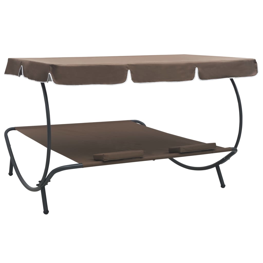 Outdoor Lounge Bed with Canopy and Pillows Brown