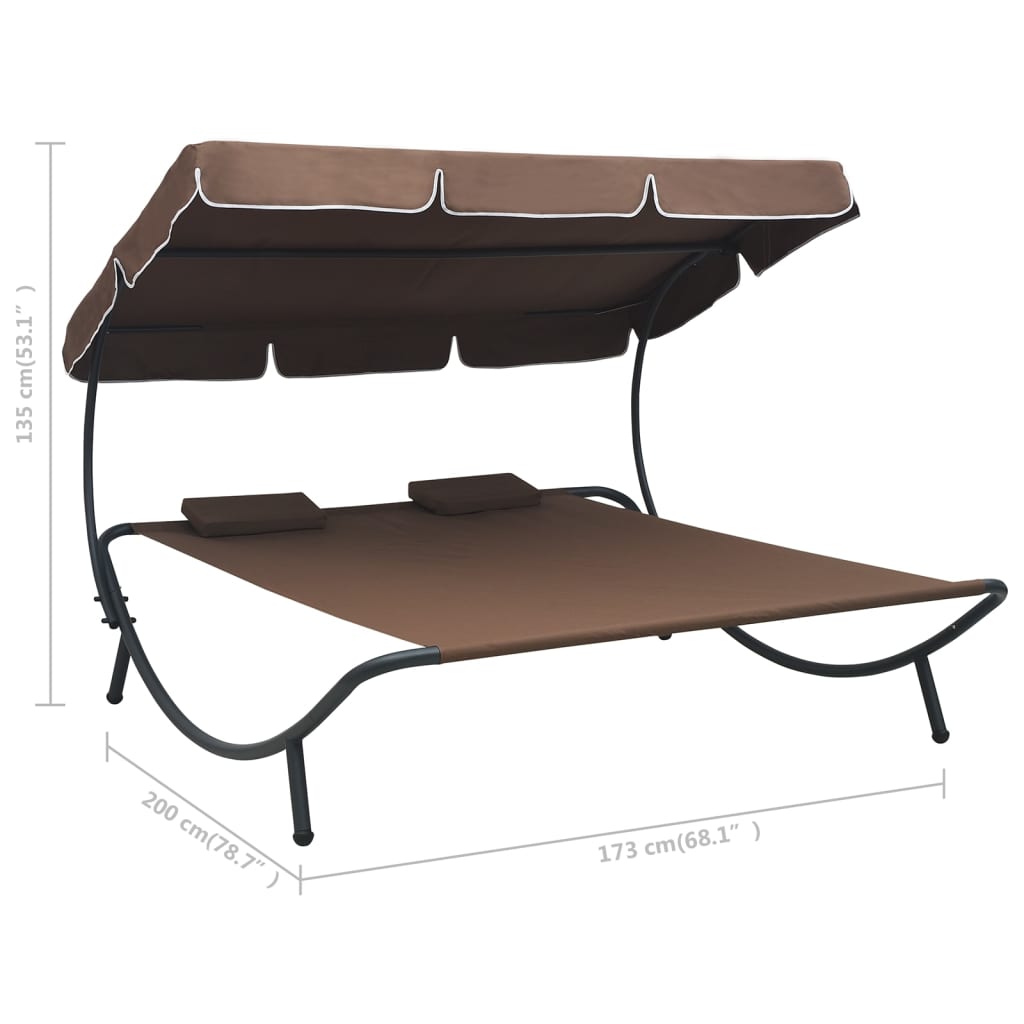 Outdoor Lounge Bed with Canopy and Pillows Brown