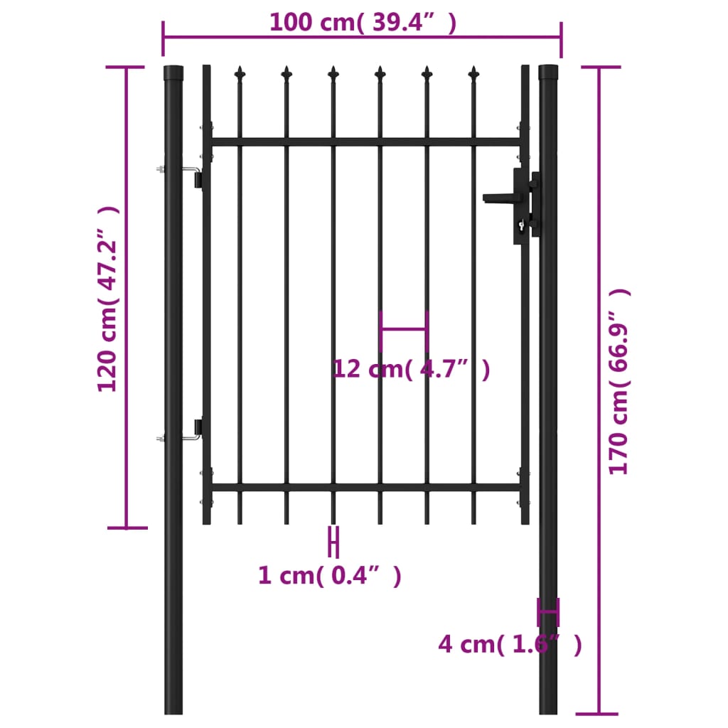 Fence Gate Single Door with Spike Top Steel 1x1.2 m Black