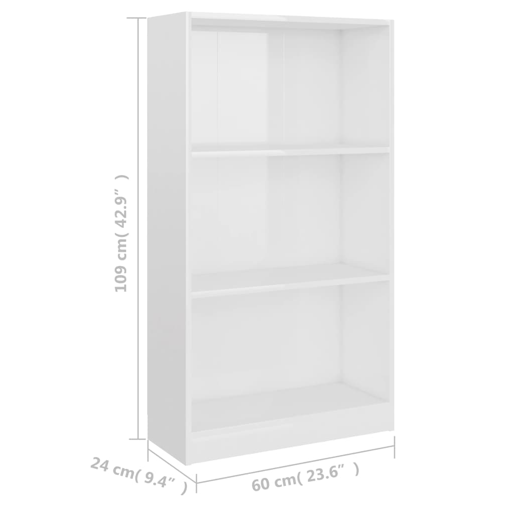 3-Tier Book Cabinet High Gloss White 60x24x109 Engineered Wood