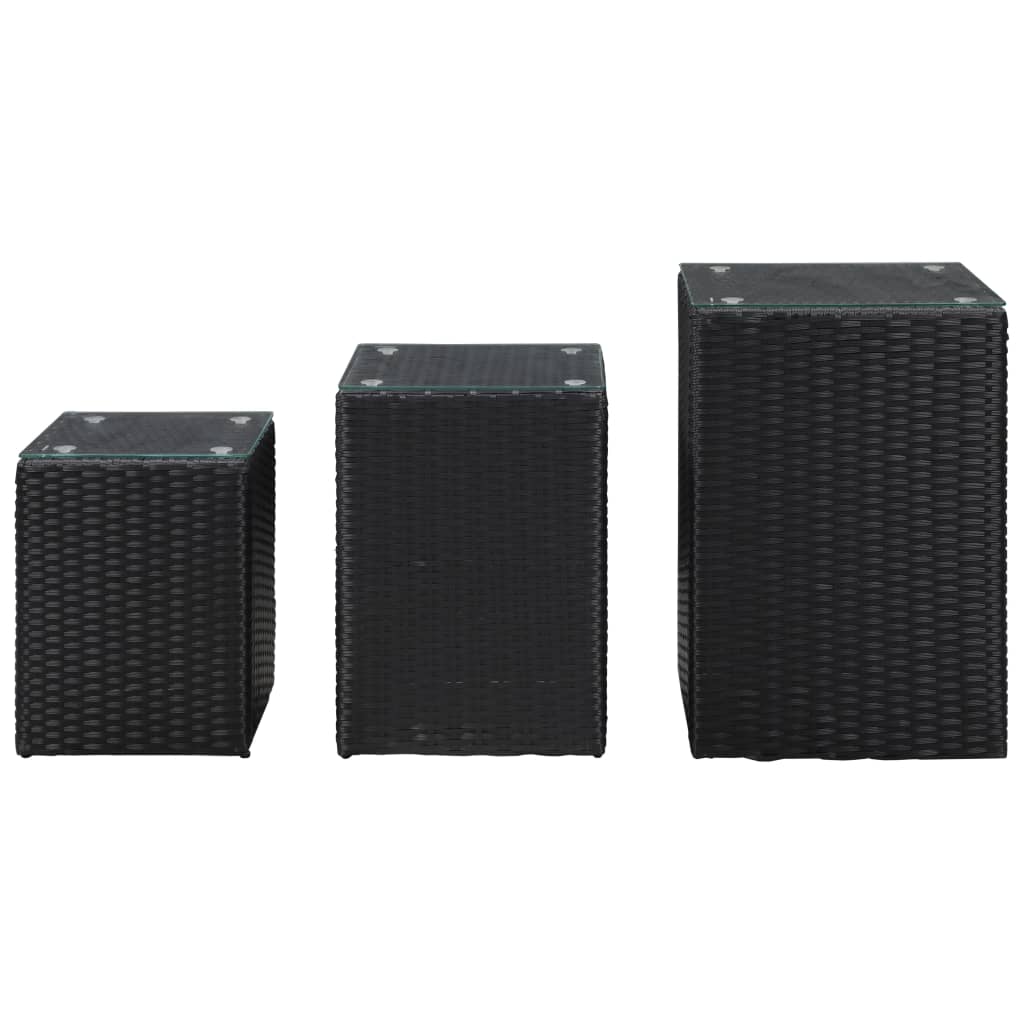 Side Tables 3 pcs with Glass Top Black Poly Rattan