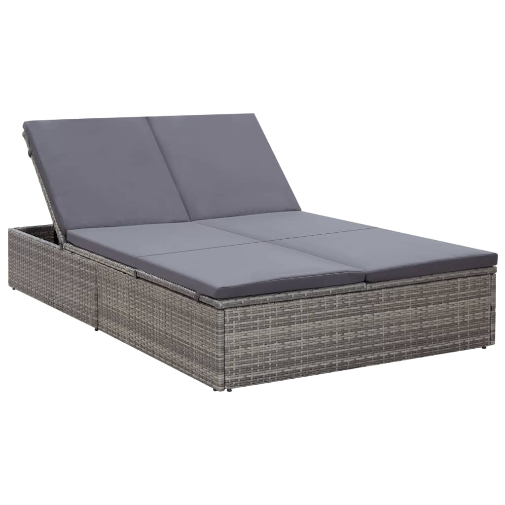 Double Sun Lounger with Cushion Poly Rattan Grey