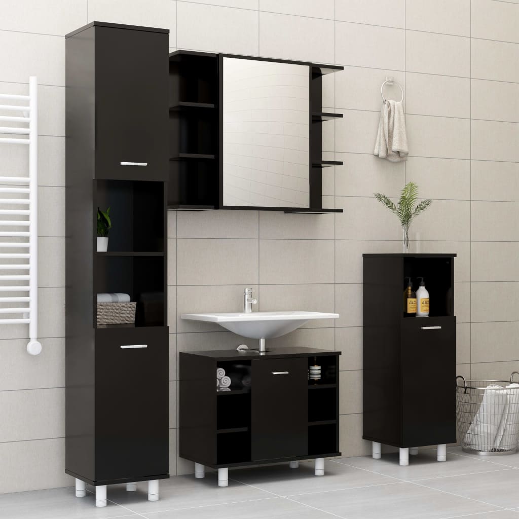 4 Piece Bathroom Furniture Set Black Engineered Wood