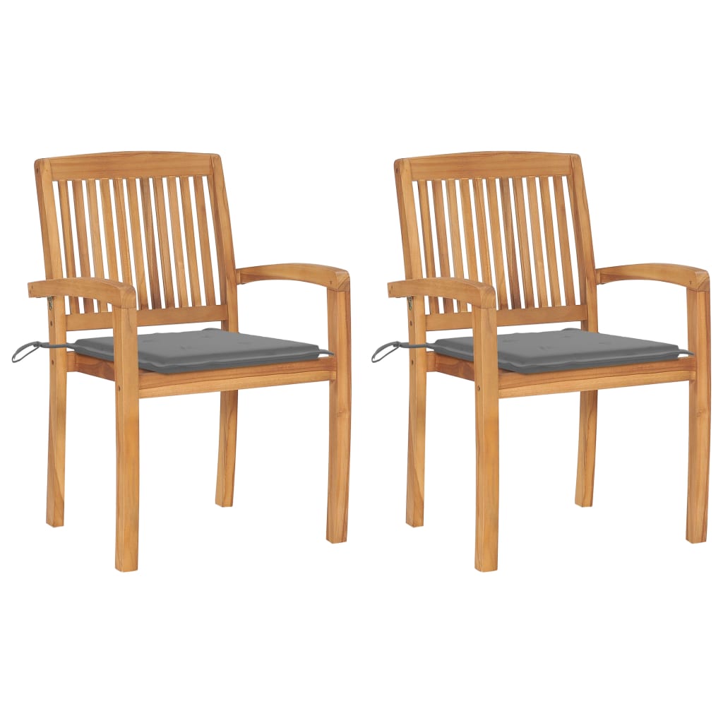 Garden Chairs 2 pcs with Grey Cushions Solid Teak Wood