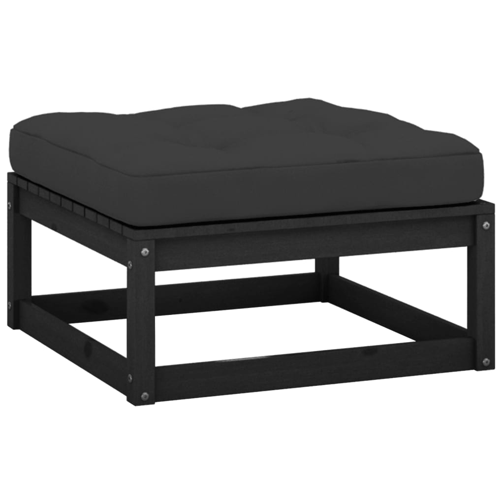 Garden Footstool with Cushion Black Solid Pinewood