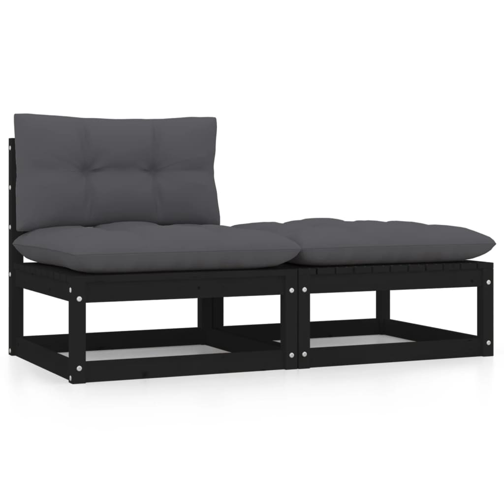 2 Piece Garden Lounge Set with Cushions Black Solid Pinewood