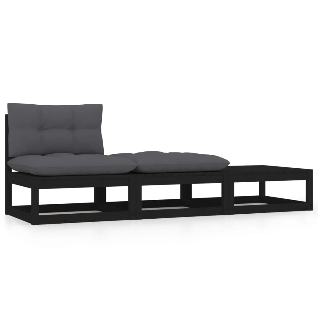 3 Piece Garden Lounge Set with Cushions Black Solid Pinewood