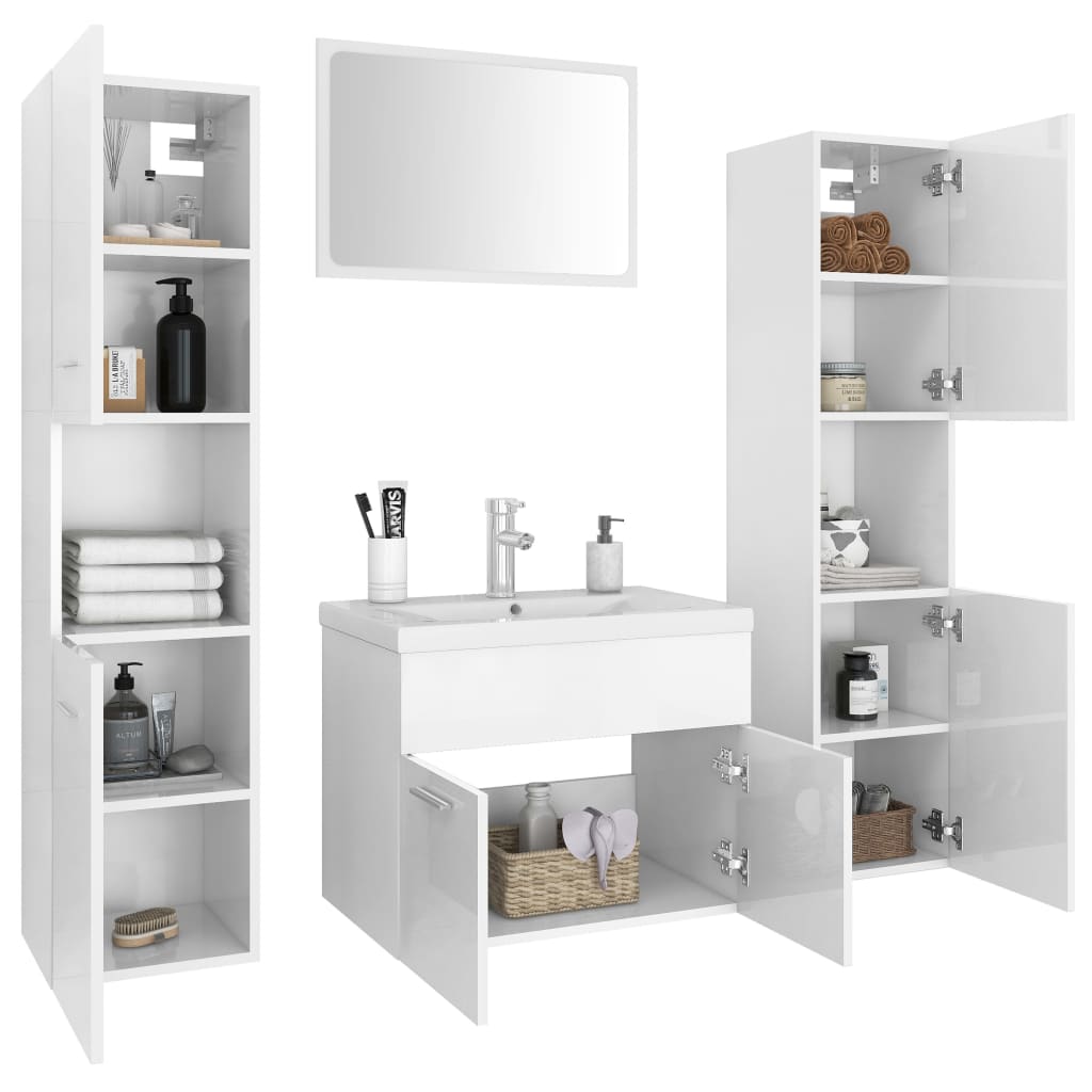 Bathroom Furniture Set High Gloss White Engineered Wood