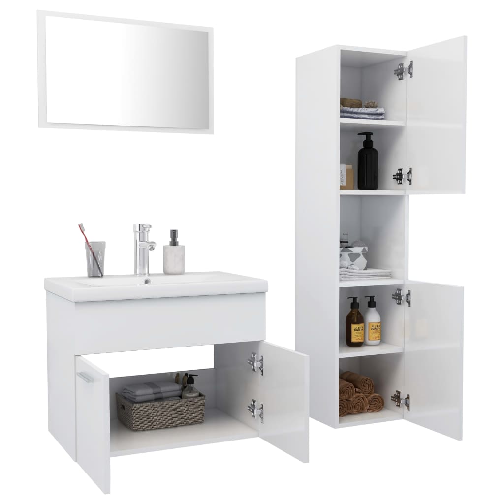 Bathroom Furniture Set High Gloss White Engineered Wood