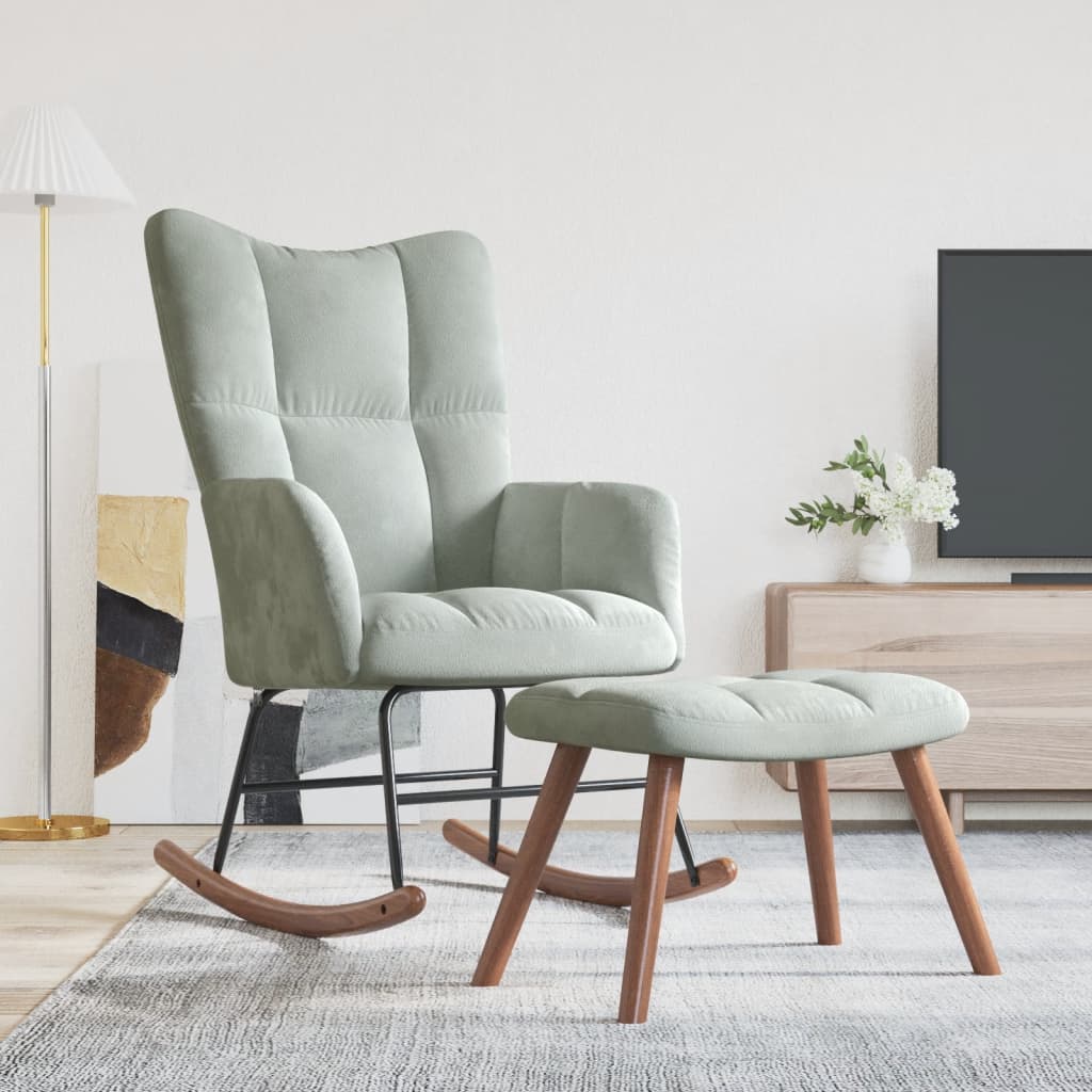 Rocking Chair with a Stool Light Grey Velvet