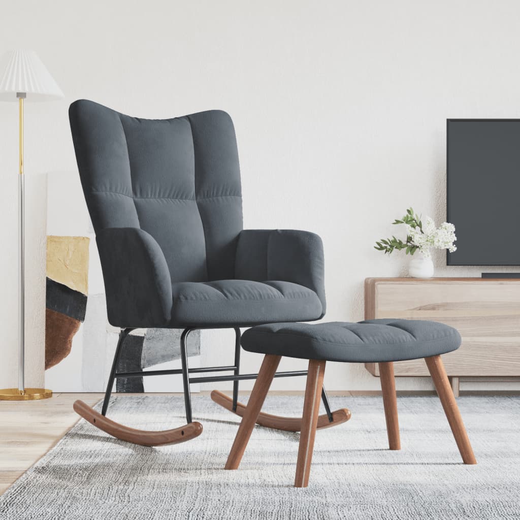 Rocking Chair with a Stool Dark Grey Velvet