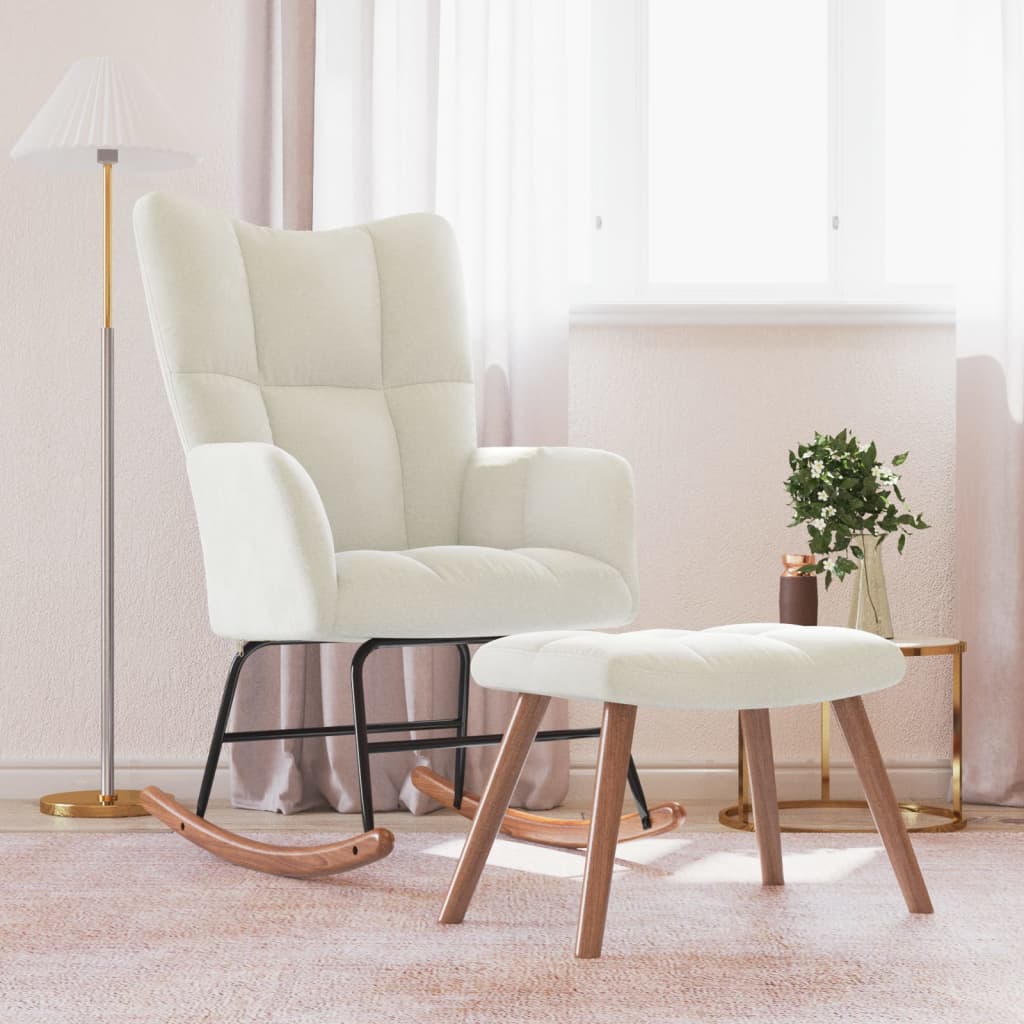 Rocking Chair with a Stool Cream White Velvet