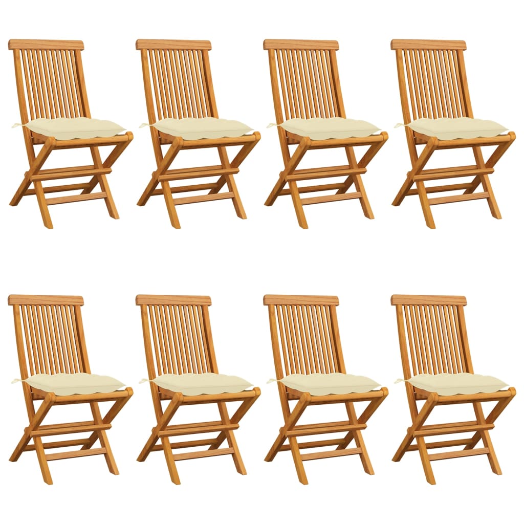 Garden Chairs with Cream White Cushions 8 pcs Solid Teak Wood