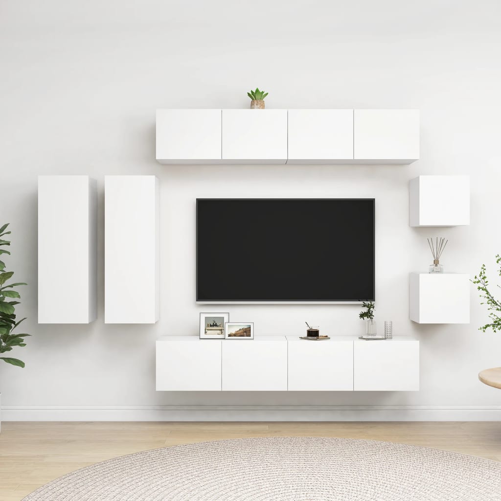 8 Piece TV Cabinet Set White Engineered Wood