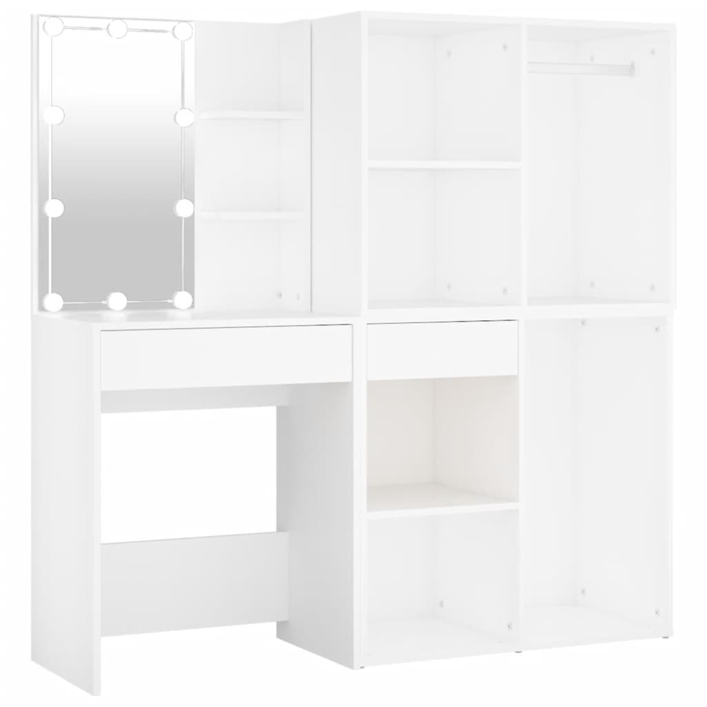 LED Dressing Table with 2 Cabinets White Engineered Wood