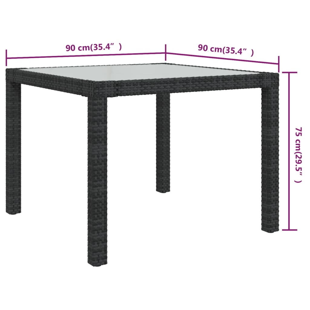 Garden Table 90x90x75 cm Tempered Glass and Poly Rattan Black