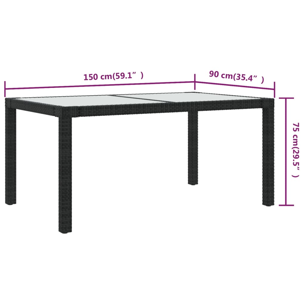 Garden Table 150x90x75 cm Tempered Glass and Poly Rattan Black