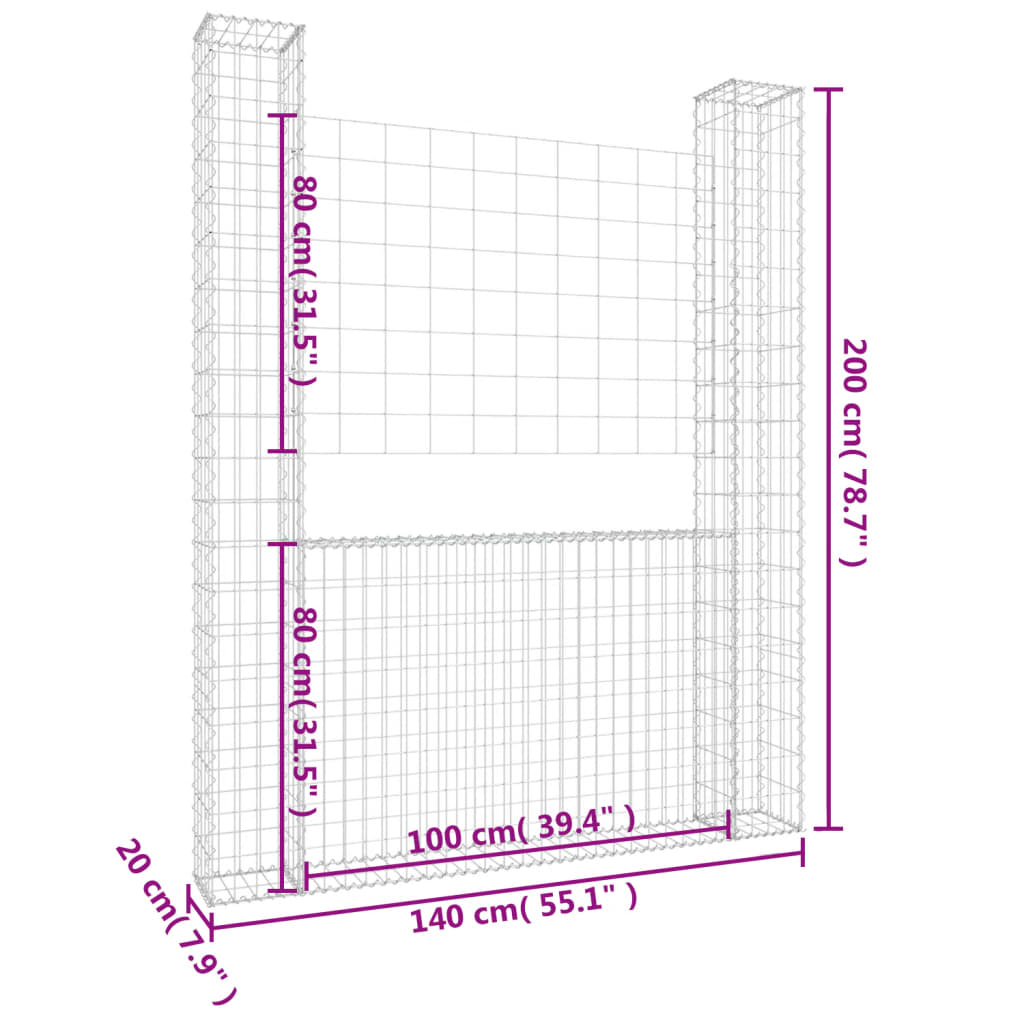 U-shape Gabion Basket with 2 Posts Iron 140x20x200 cm