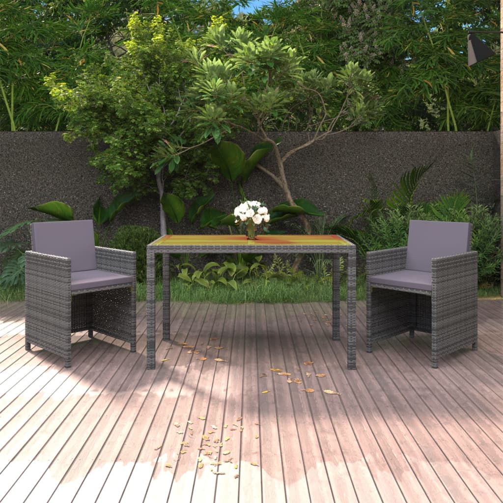 3 Piece Garden Dining Set with Cushions Poly Rattan Grey