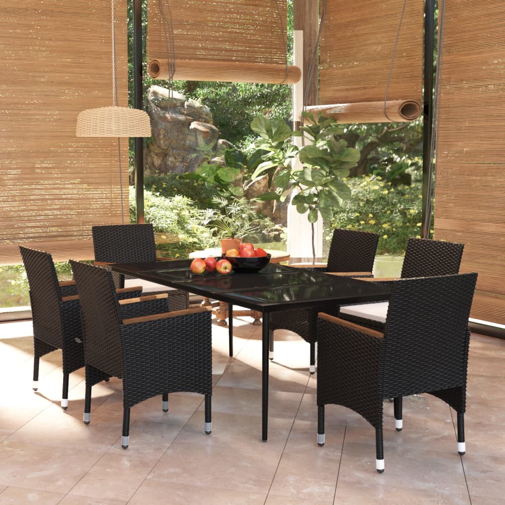 7 Piece Garden Dining Set with Cushions Black