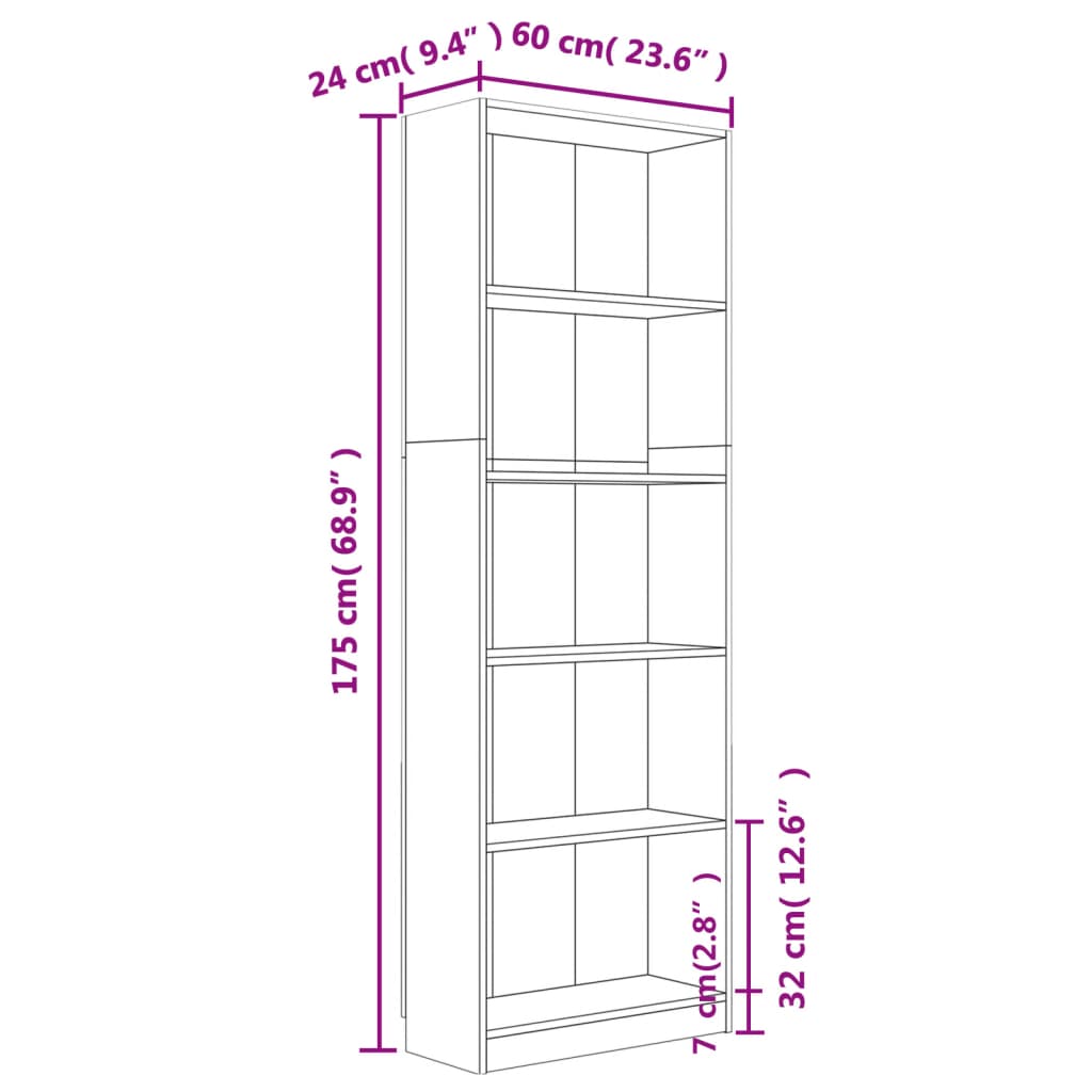 5-Tier Book Cabinet Brown Oak 60x24x175 cm Engineered Wood