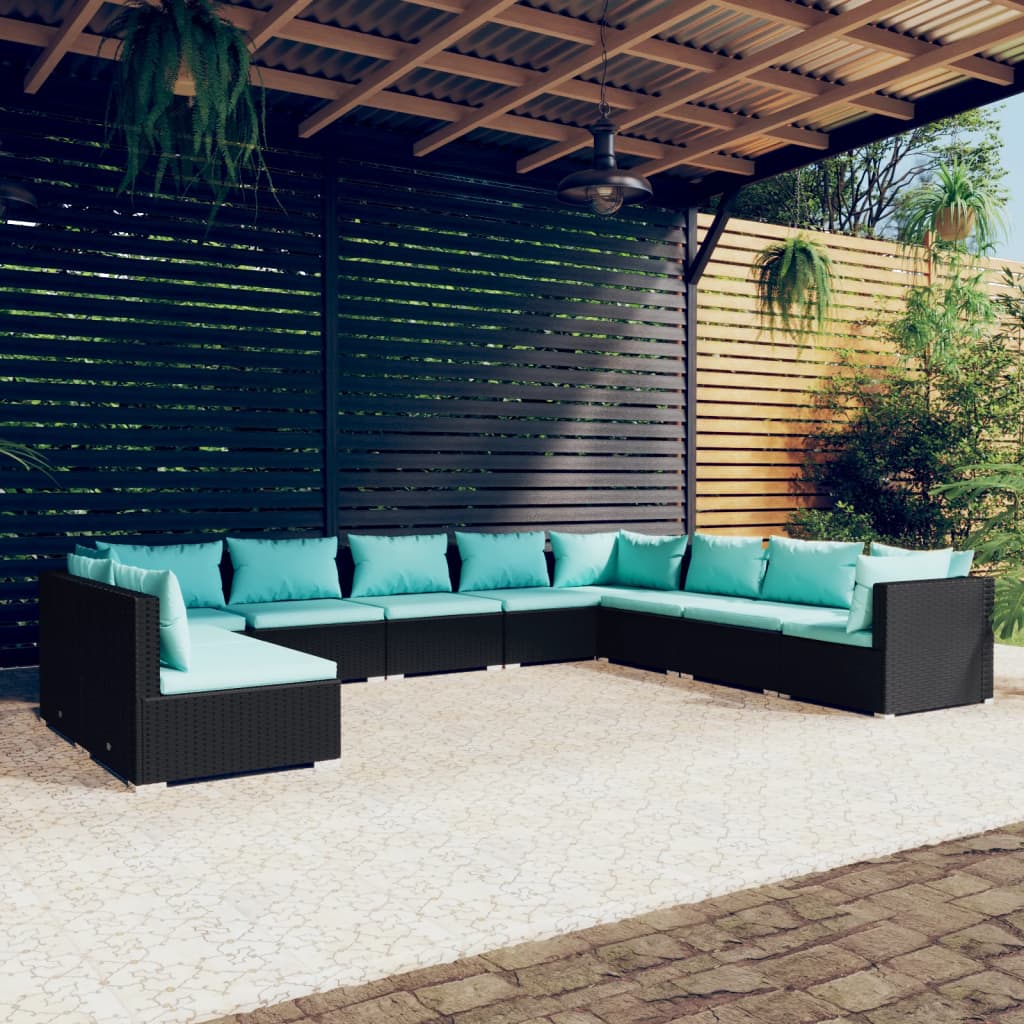 10 Piece Garden Lounge Set with Cushions Black Poly Rattan