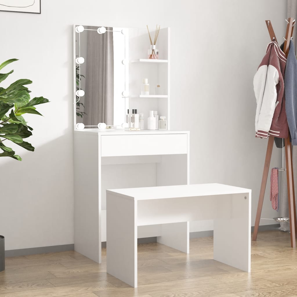 Dressing Table Set with LED White Engineered Wood