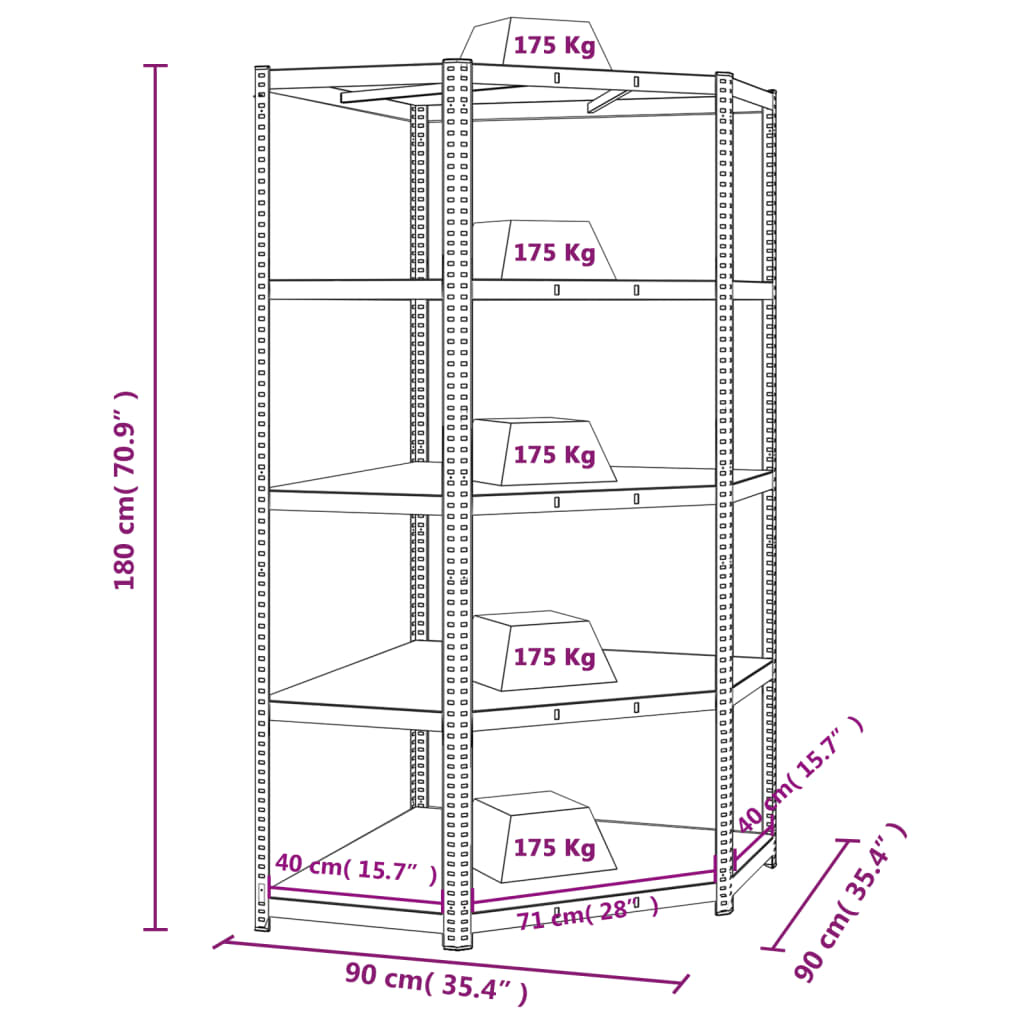 5-Layer Corner Shelf Anthracite Steel and Engineered Wood