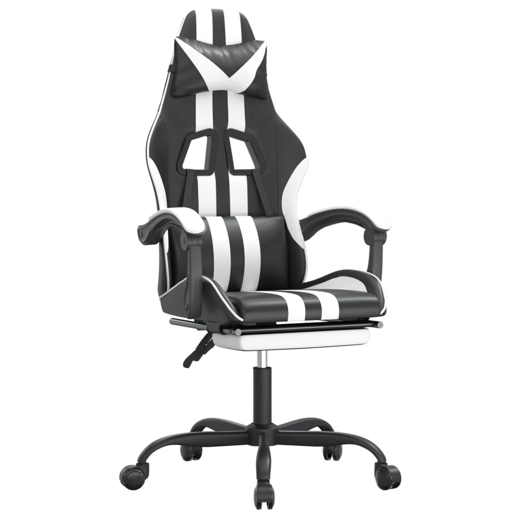 Swivel Gaming Chair with Footrest Black&White Faux Leather