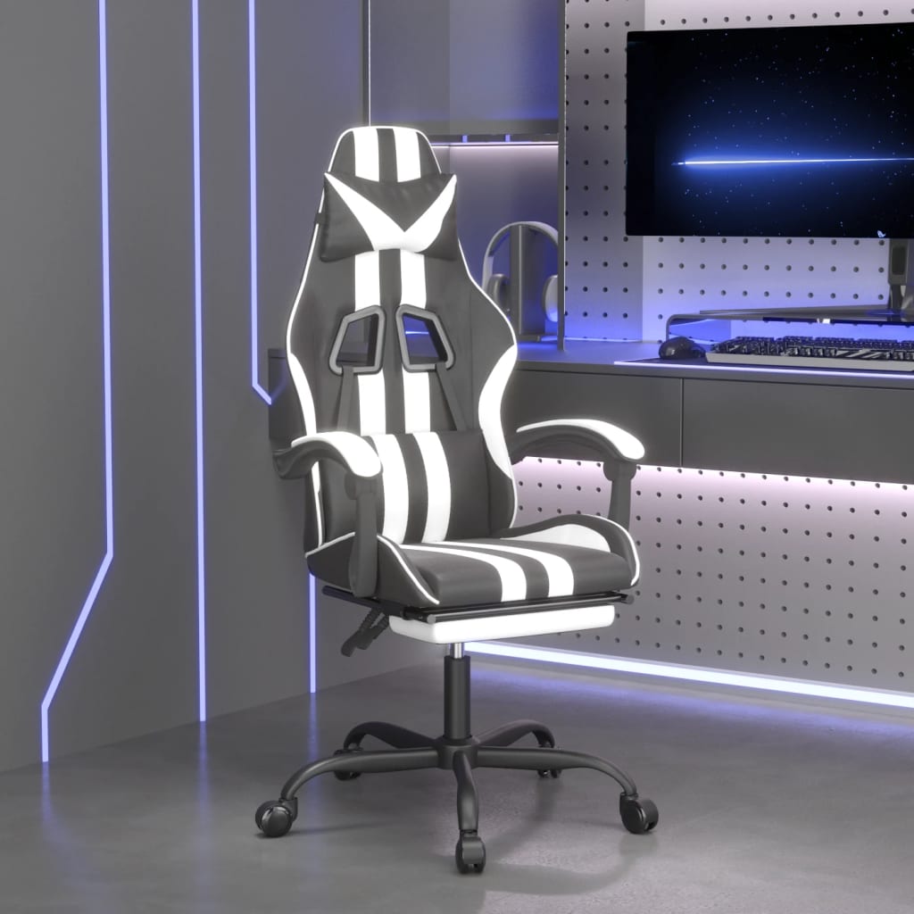 Swivel Gaming Chair with Footrest Black&White Faux Leather