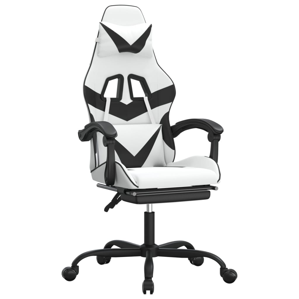 Swivel Gaming Chair with Footrest White&Black Faux Leather