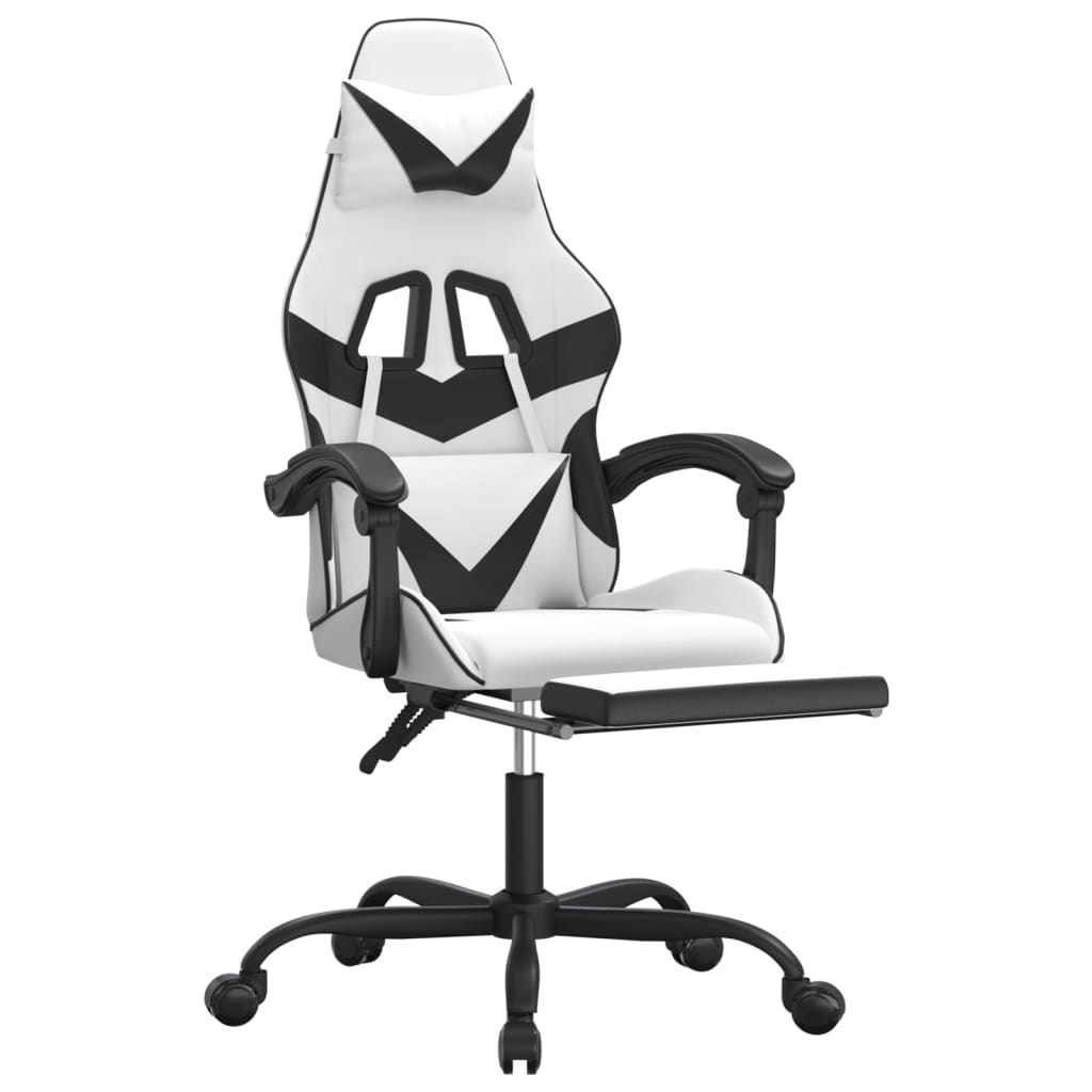 Swivel Gaming Chair with Footrest White&Black Faux Leather