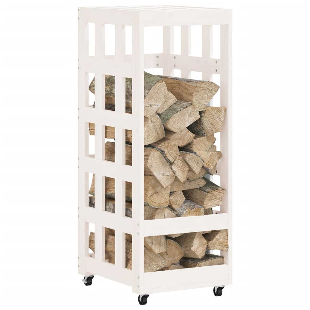 Log Holder with Wheels White 40x49x110 cm Solid Wood Pine