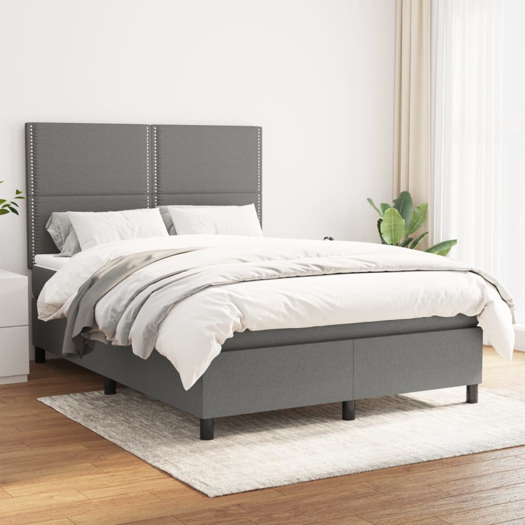 Box Spring Bed with Mattress Dark Grey 137x187 cm Double Size Fabric