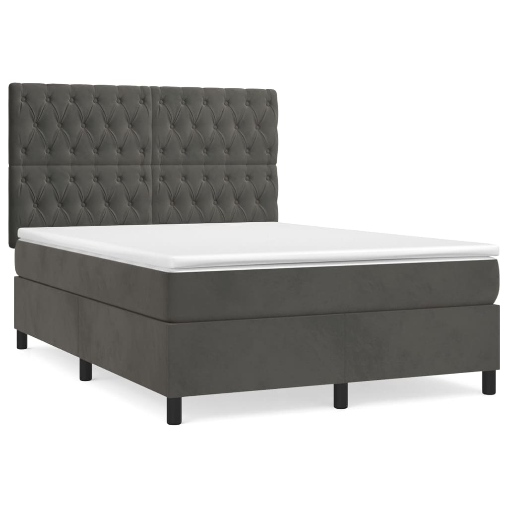 Box Spring Bed with Mattress Dark Grey 137x187 cm Double Size Velvet