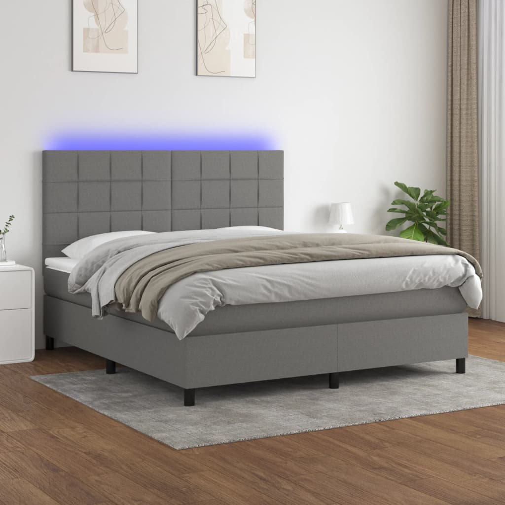 Box Spring Bed with Mattress&LED Dark Grey 153x203 cm Queen Size Fabric