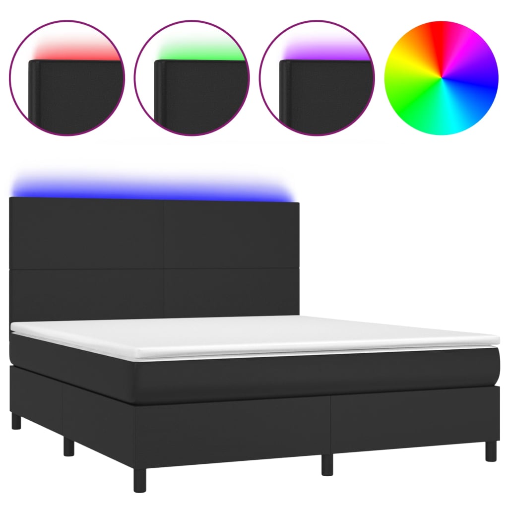 Box Spring Bed with Mattress&LED Black 153x203 cm Queen Size Faux Leather