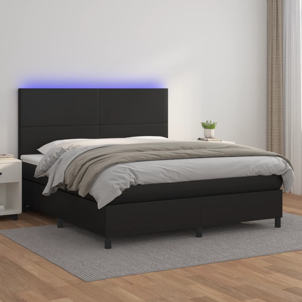 Box Spring Bed with Mattress&LED Black 153x203 cm Queen Size Faux Leather