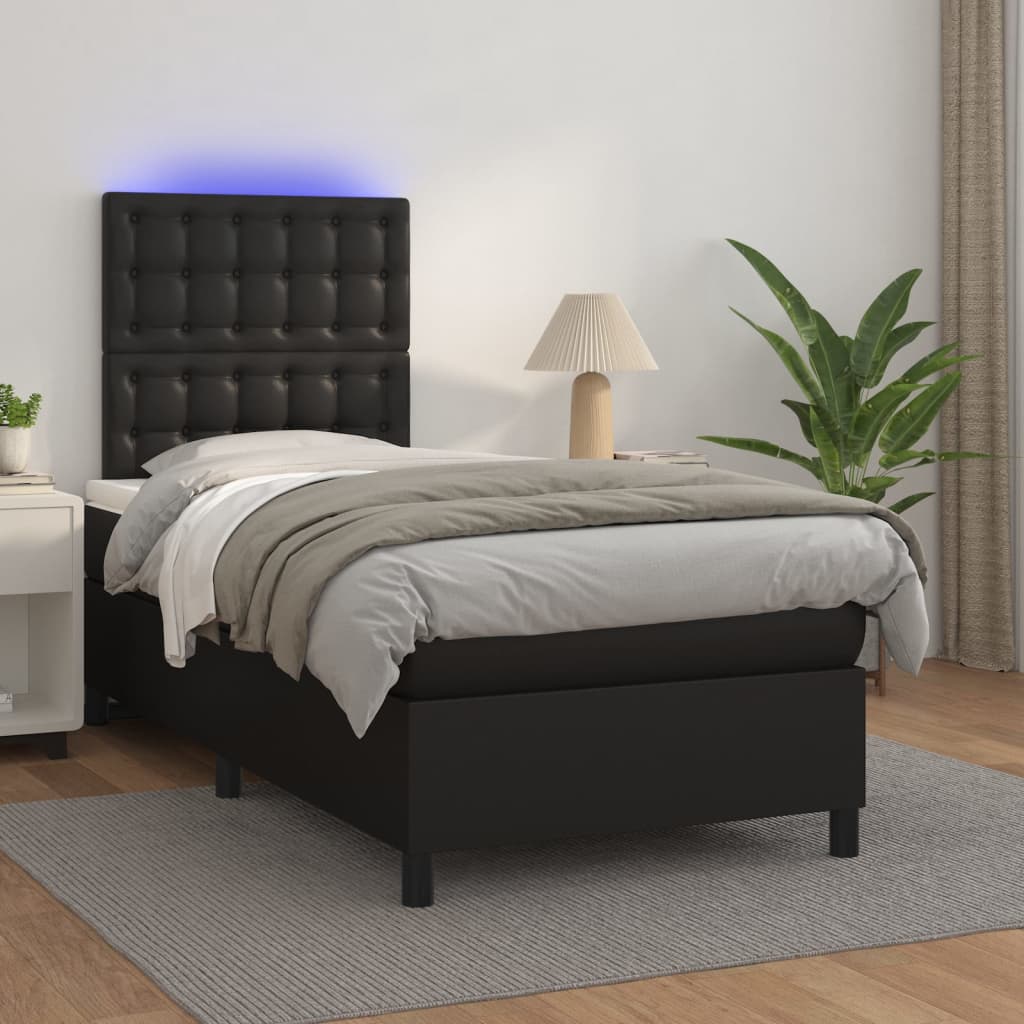 Box Spring Bed with Mattress&LED Black 106x203 cm King Single Size Faux Leather