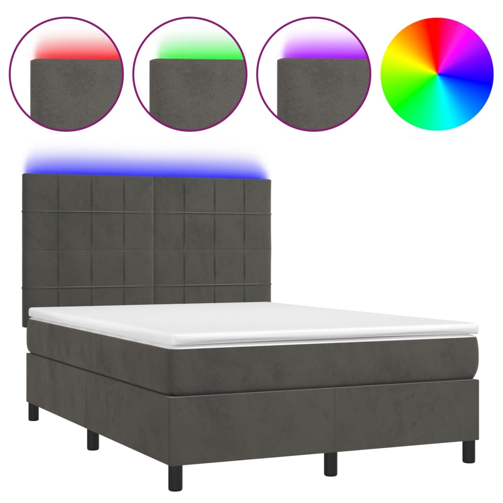 Box Spring Bed with Mattress&LED Dark Grey 137x187 cm Double Size Velvet