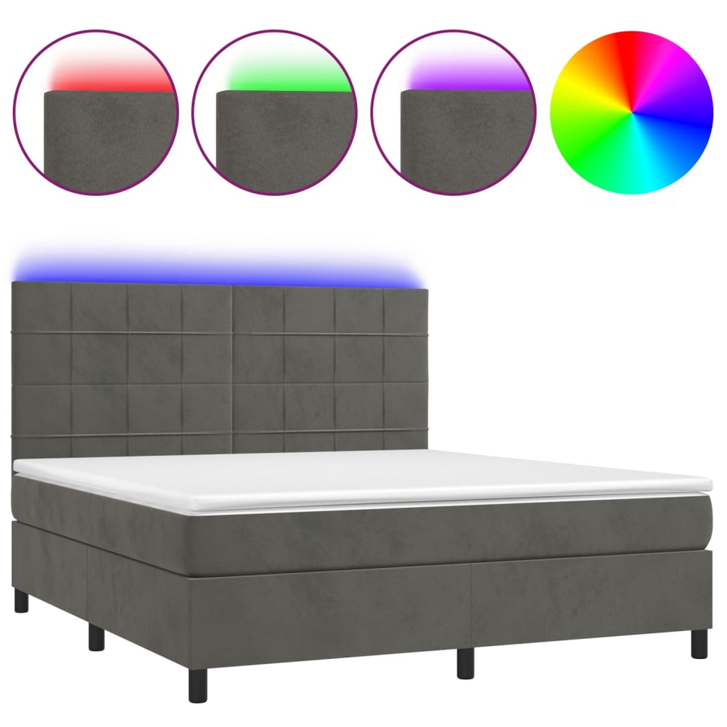 Box Spring Bed with Mattress&LED Dark Grey 153x203 cm Queen Size Velvet